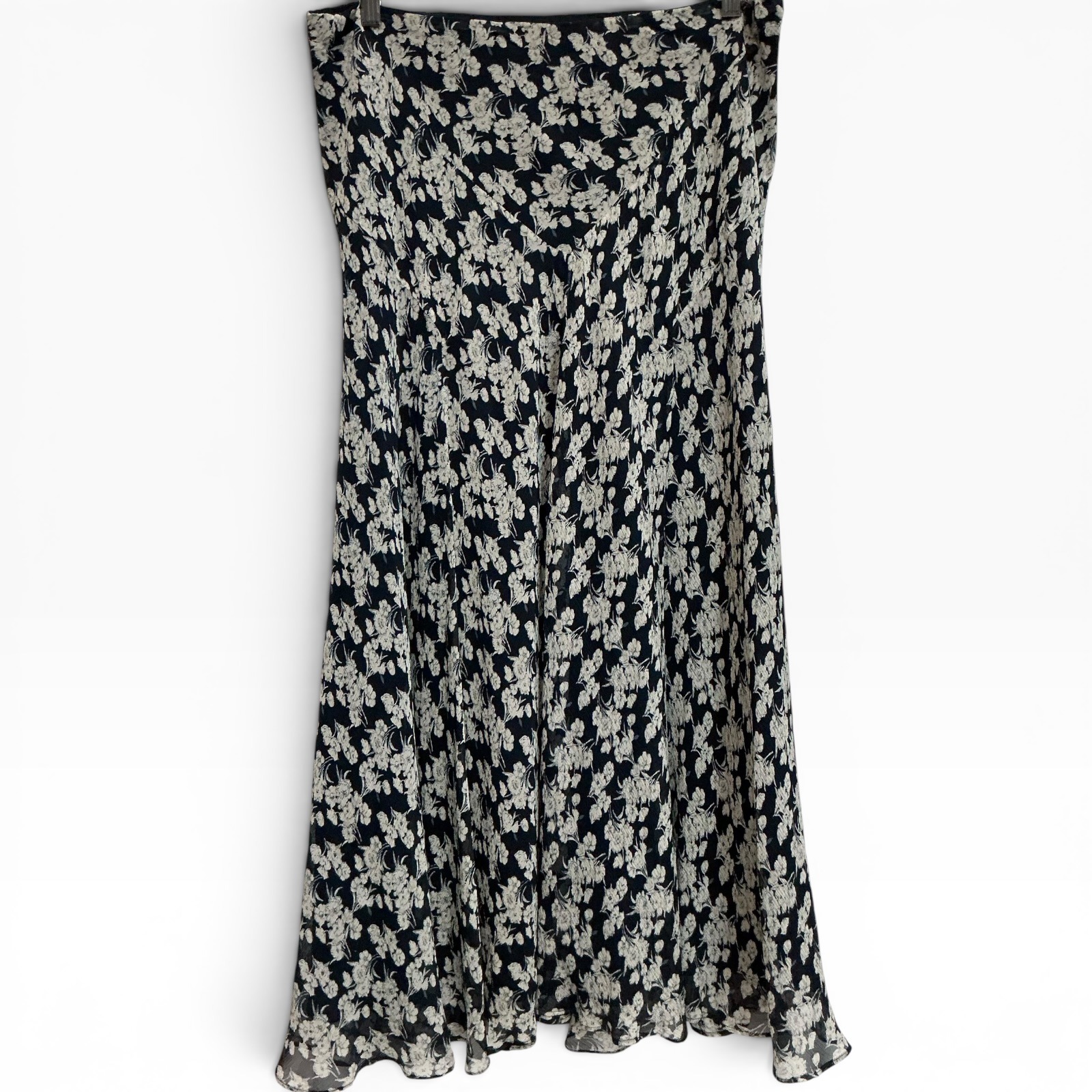 Lauren Ralph Lauren Silk Floral Bias Cut Midi Skirt Navy Ivory Vintage Large 90s